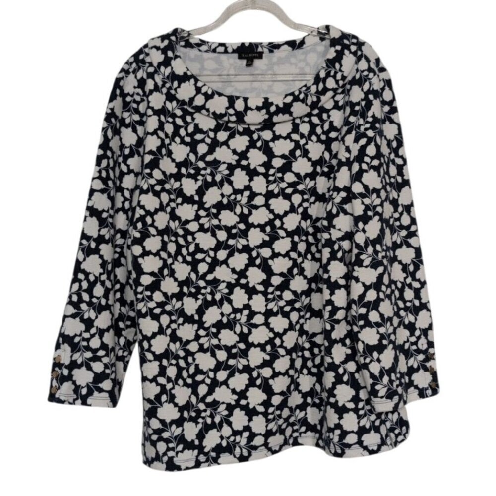 Talbots Floral Ribbed Shirt Womens Size XL Blue Portrait Collar 3/4 Sleeves